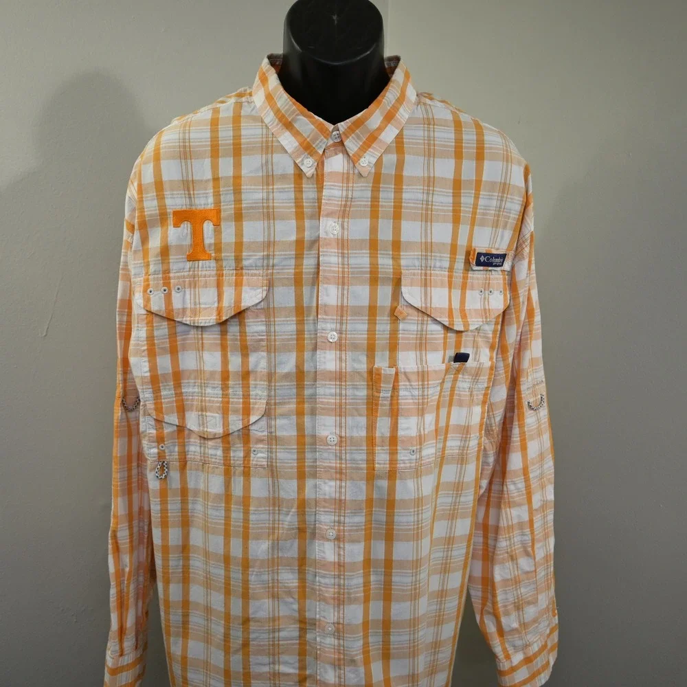Columbia Vented Fishing Shirt Mens XXL Tennessee Vols Orange Plaid PFG Long